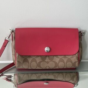 Coach Tan Signature Canvas Crossbody with Pink Flap